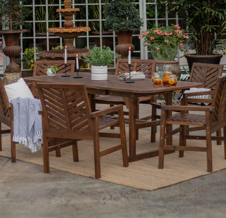 Walker Edison 6 Person Outdoor Wood Chevron Patio Furniture Dining Set Extendable Table Chairs All Weather Backyard Conversation Garden Poolside Balcony, 7 Piece, Dark Brown