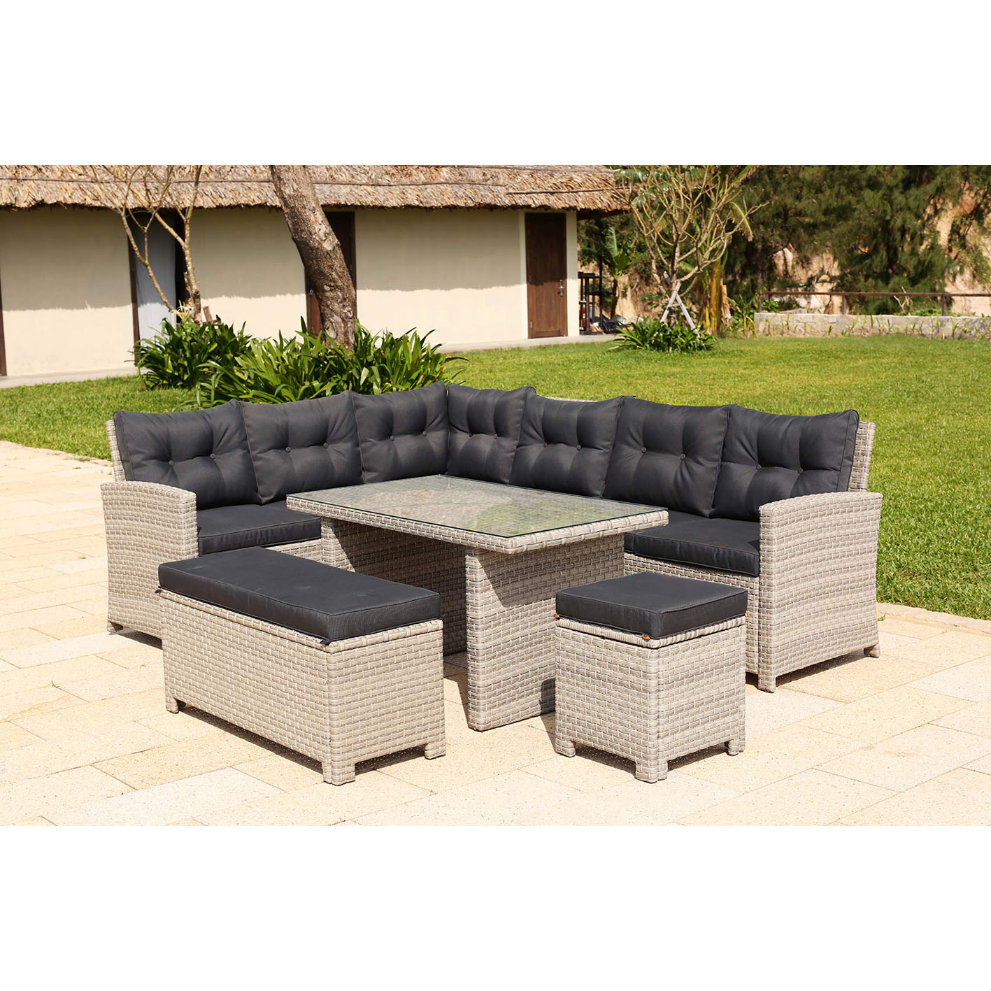 Backyard Furniture Barcelona Luxury 10 Seater Casual Dining Rattan Garden Set with Cushions, Grey, 191 x 177 x 87 cm