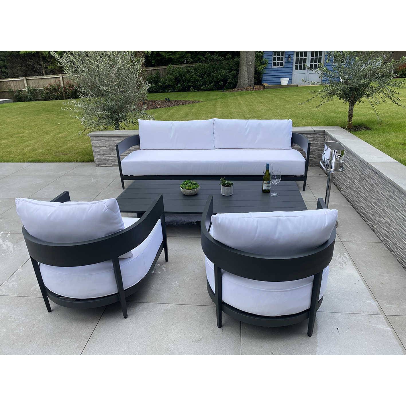 Garden Furniture in Aluminium in Anthracite Grey - 4 pcs (1 Sofa 2 chairs & 1 table) Moon Sofa Set