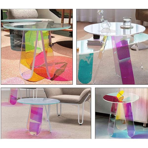 Acrylic side table, clear round glass table, iridescent table can be used as plexiglass table, bedside table, coffee table and dining table