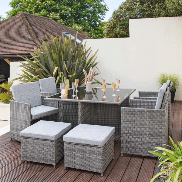 8 Seater Rattan Cube Outdoor Dining Set With Parasol - Grey Weave
