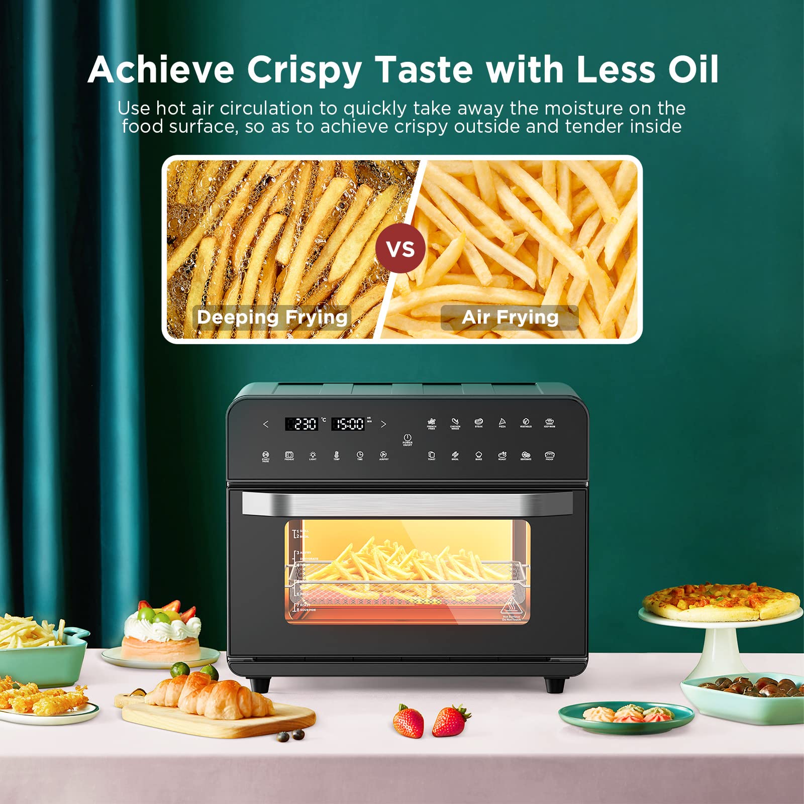 25L Convection Oven, Digital Countertop Convection Mini Oven,12 in 1 Multi-function Air Fryer Toaster Oven Combo, Electric Oven, Stainless Steel Pizza Oven, Roast, Bake & Dehydration, 1800W, Black