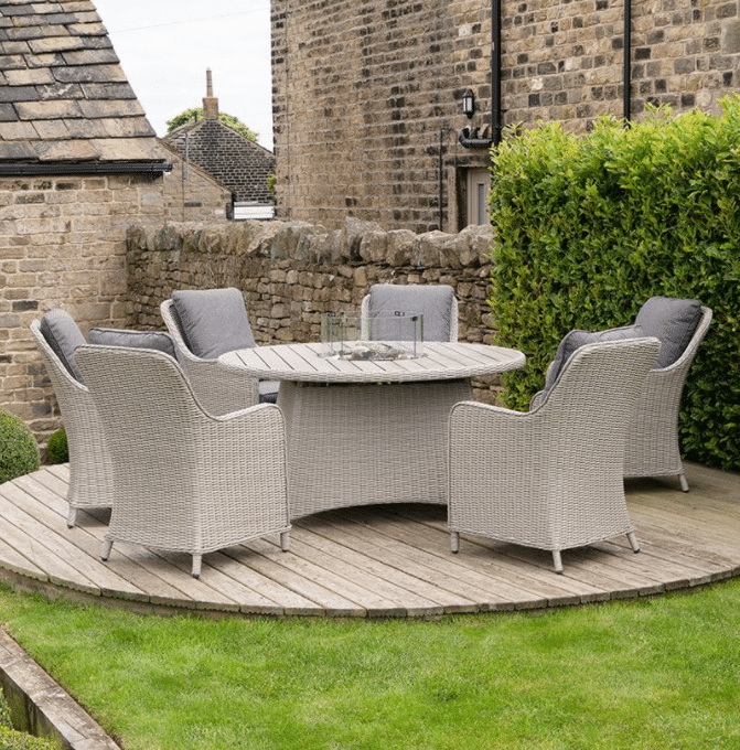 STONE GREY ANTIGUA 6 SEATER ROUND DINING SET WITH CERAMIC TOP AND FIRE PIT