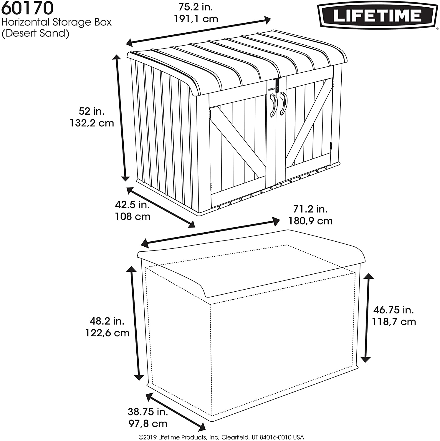 Lifetime 60170 6 x 3.5 ft Heavy Duty Low Plastic Shed Horizontal Storage Box - Desert SandWhite