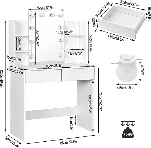 WOLTU Dressing Table with LED Lights, Vanity Table with Adjustable Brightness Mirror, Makeup Desk with 2 Drawers and Open shelves, Wooden Modern Bedroom Dresser, 90x40x135cm, White, MB6096ws