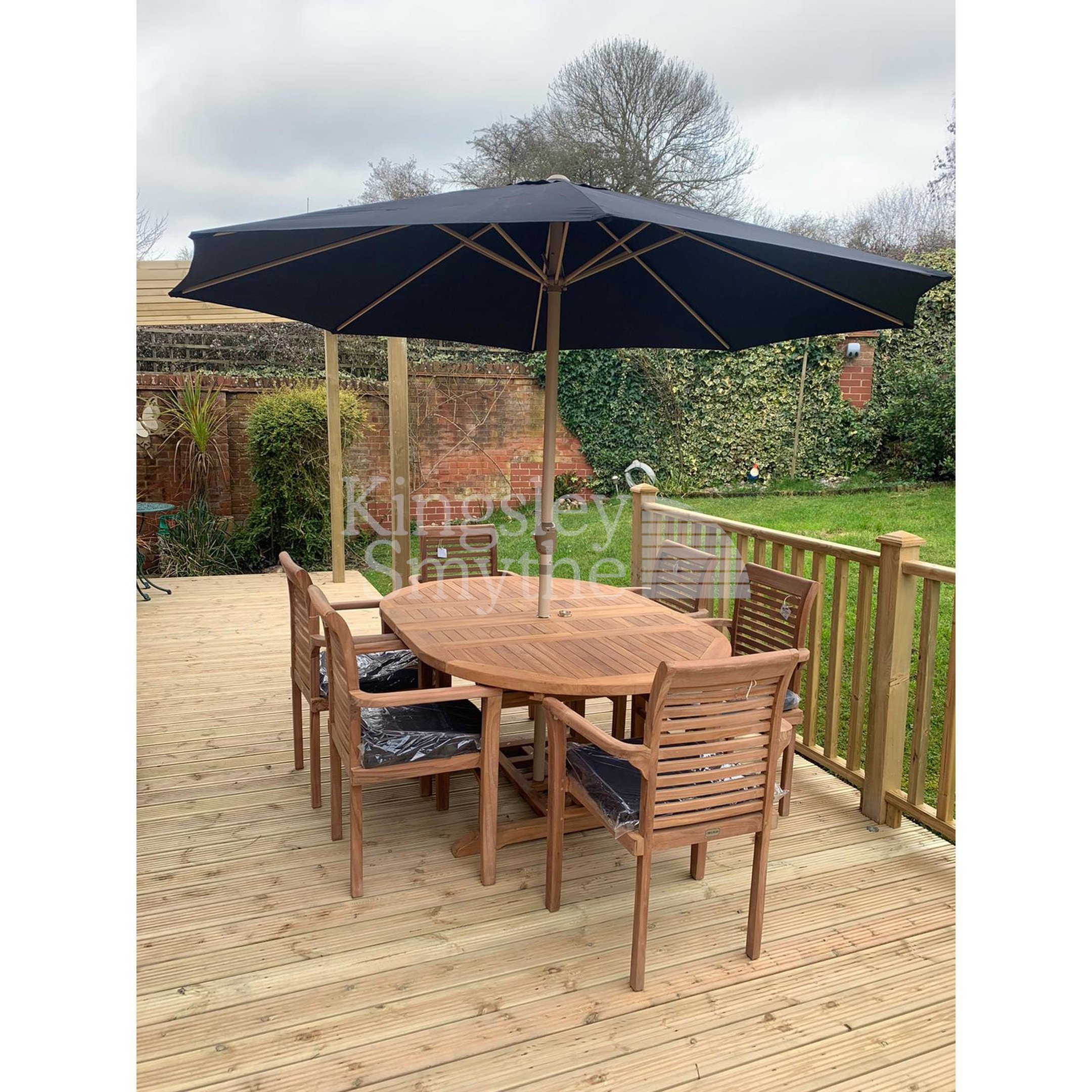 Excellent value! Teak Garden Dining Package; 6 Stacking Chairs, Cushions, 3m Parasol