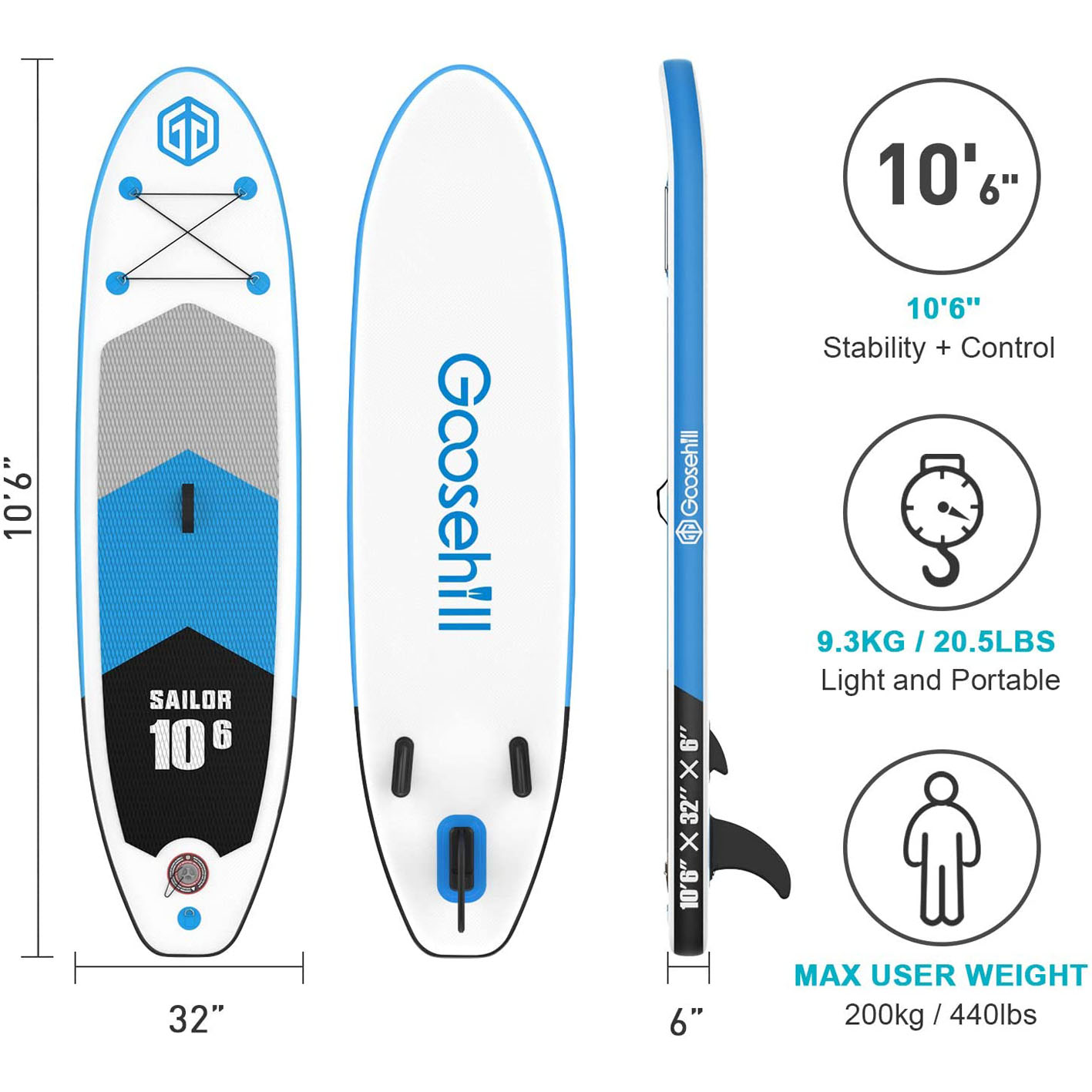 Goosehill Inflatable Stand Up Paddle Board, Premium SUP Package, 10′ Long 32′′ Wide 6′′ Thick, Patterns Open for Customization