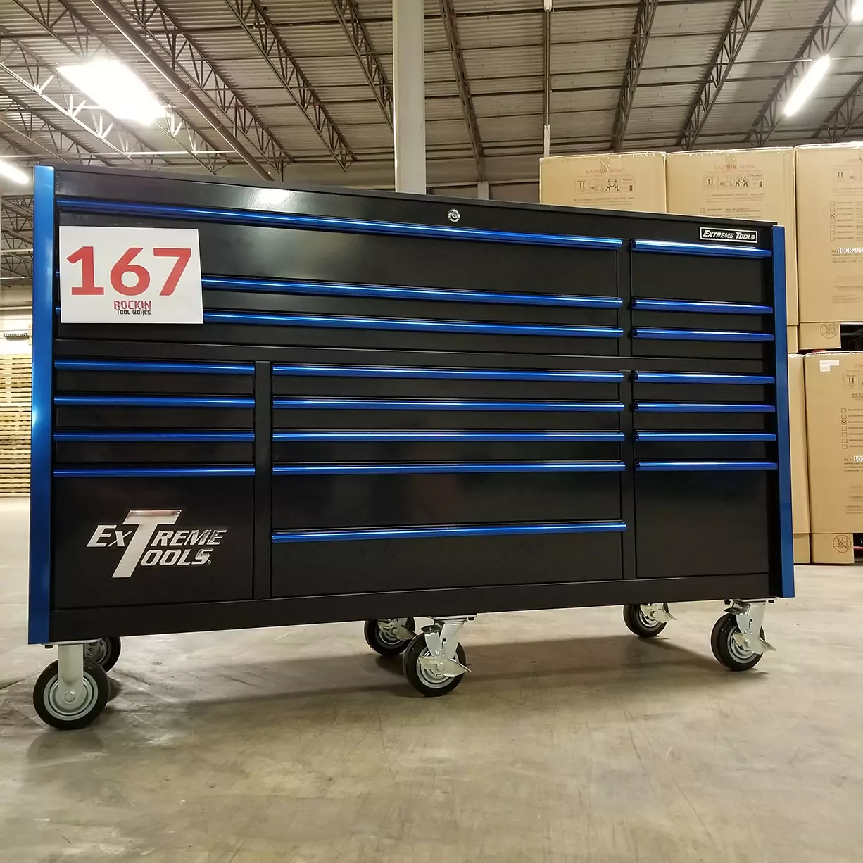 Used Toolbox Showroom Demo, Extreme Tools RX Series 72 19 Drawer 25 Deep Roller Cabinet, Black Blue