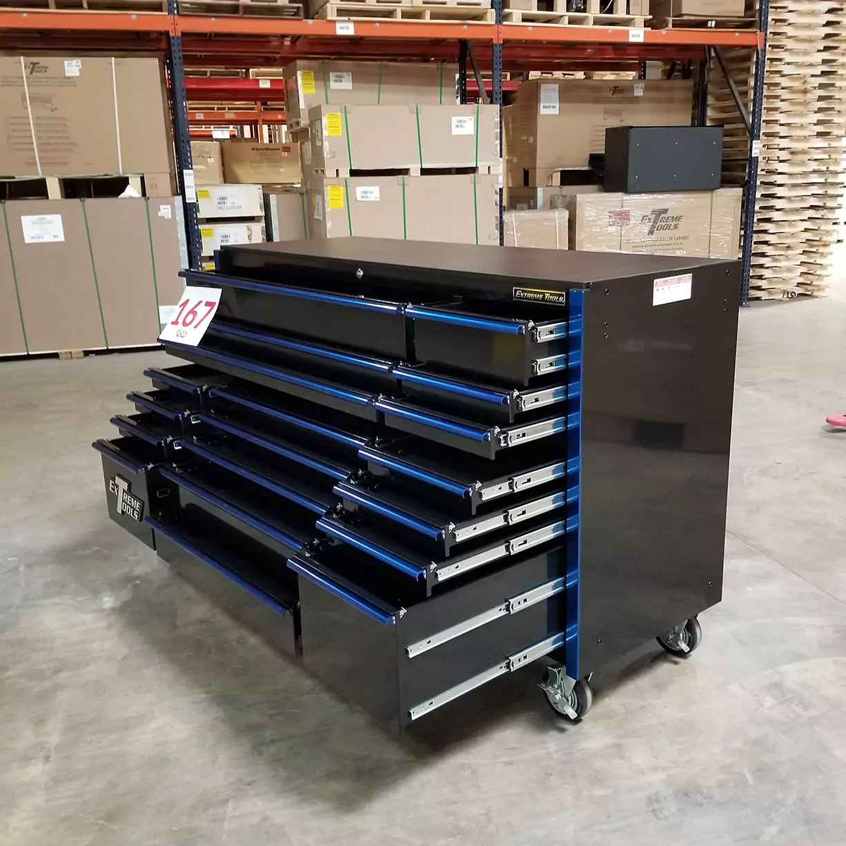 Used Toolbox Showroom Demo, Extreme Tools RX Series 72 19 Drawer 25 Deep Roller Cabinet, Black Blue