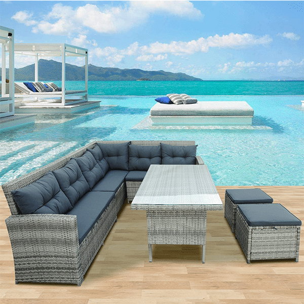 6 Piece Patio Furniture Set, Outdoor Wicker Rattan Conversation Sectional Sofa with Glass Table, 2 Ottomans and Cushions for Pool, Backyard, Lawn (Gray), Living