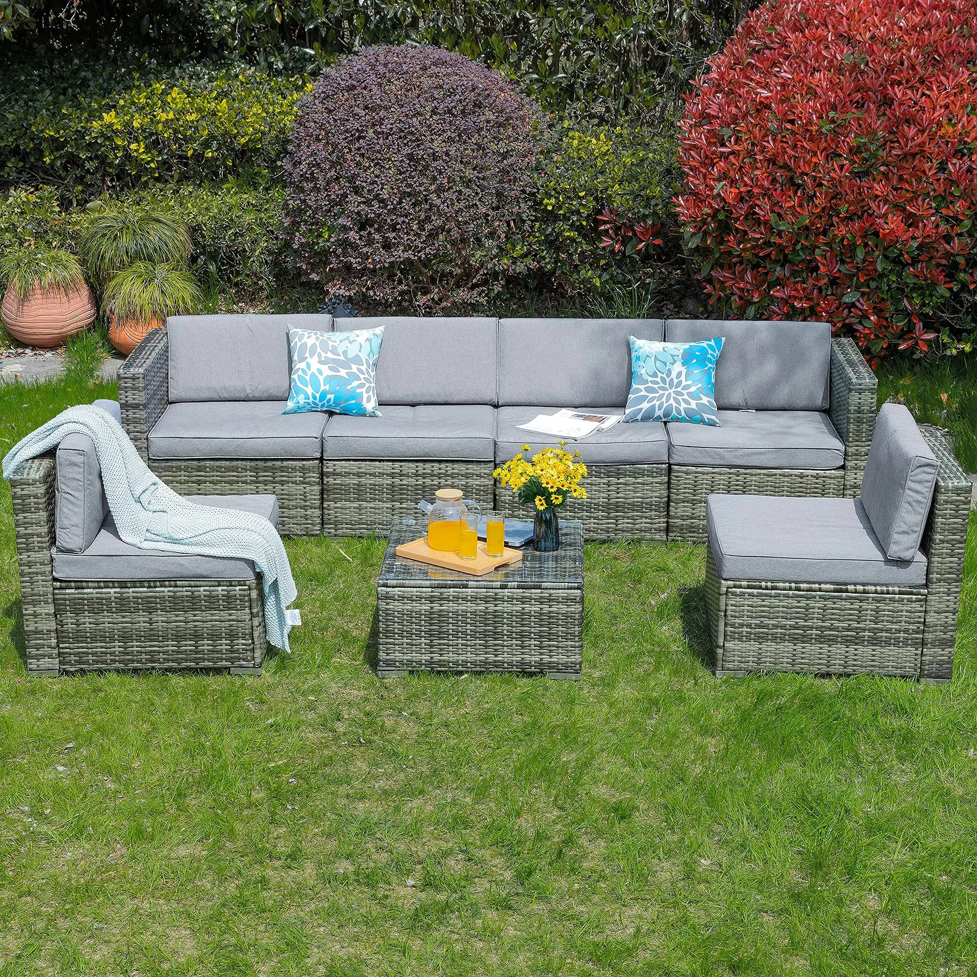 7 Piece Outdoor Patio Furniture Set, Garden Conversation Wicker Sofa Set, Patio Partition Furniture Sofa Set with Coffee Table and Cushions for Lawn, Backyard and Pool Side, Gray Gradient