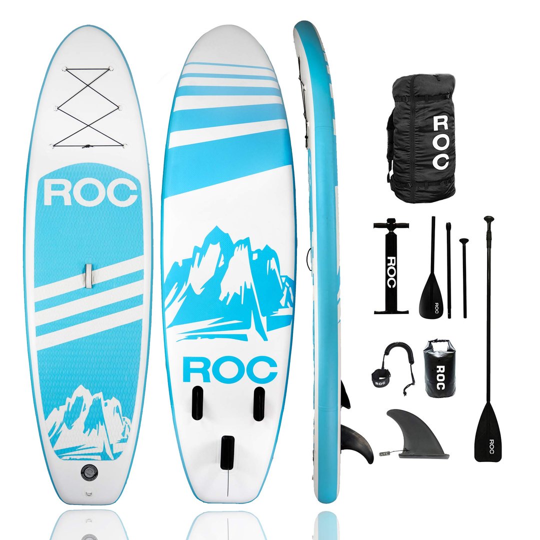 Roc Inflatable Stand Up Paddle Board comes with premium accessories and backpack, non-slip deck, waterproof bag, straps, paddle and hand pump.