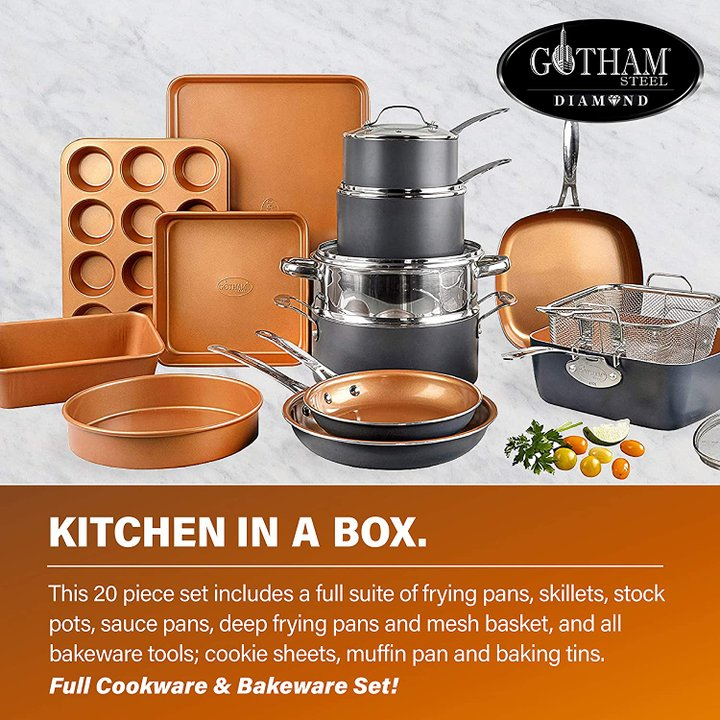Gotham Steel 20 Piece Pots & Pans Set Complete Kitchen Cookware + Bakeware Set | Nonstick Ceramic Copper Coating – Frying Pans, Skillets, Stock Pots, Deep Square Fry Basket Cookie Sheet & Baking Pans
