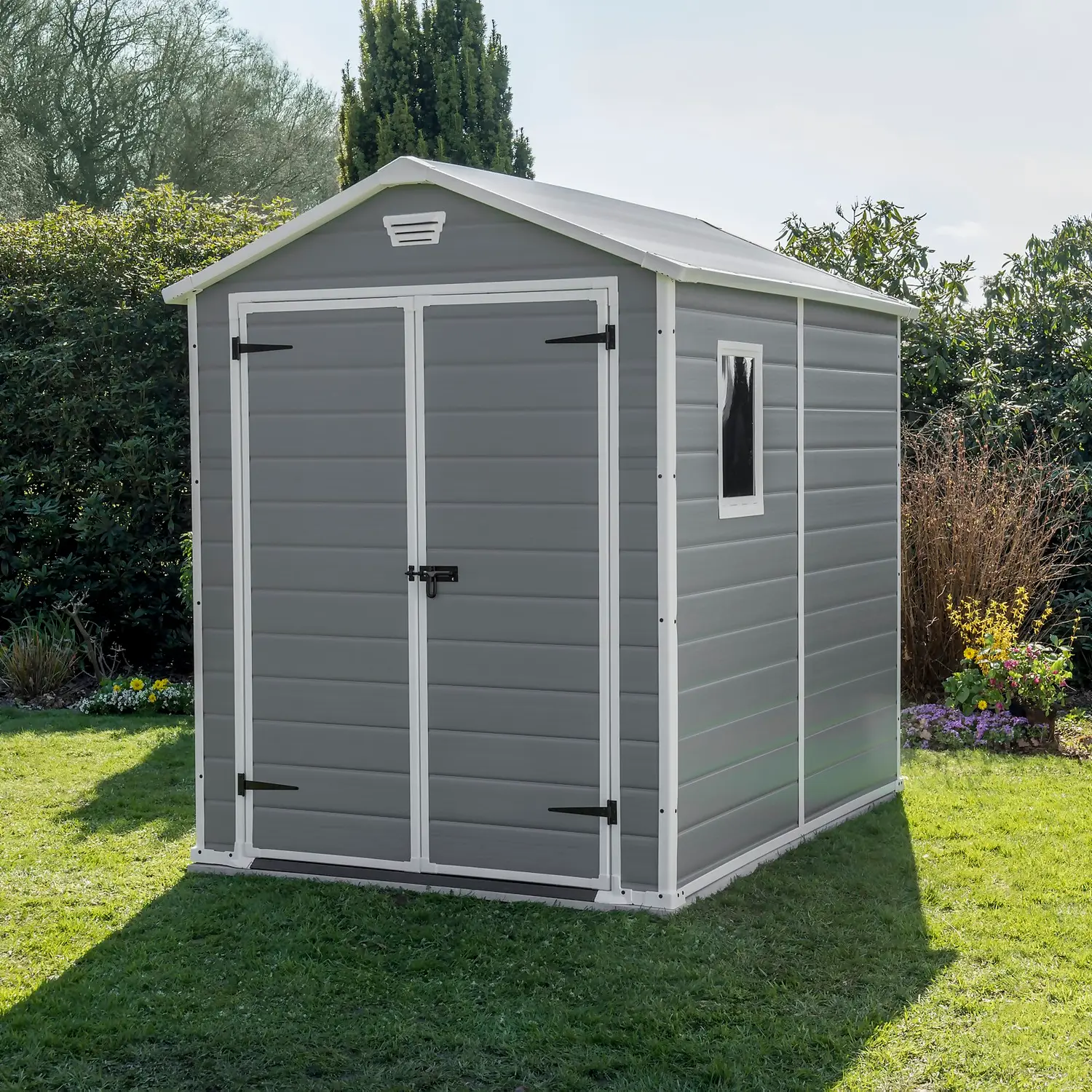 KETER Manor 6×8 Resin Outdoor Storage Shed Kit-Perfect to Store Patio Furniture, Garden Tools Bike Accessories, Beach Chairs and Lawn Mower, Grey & White