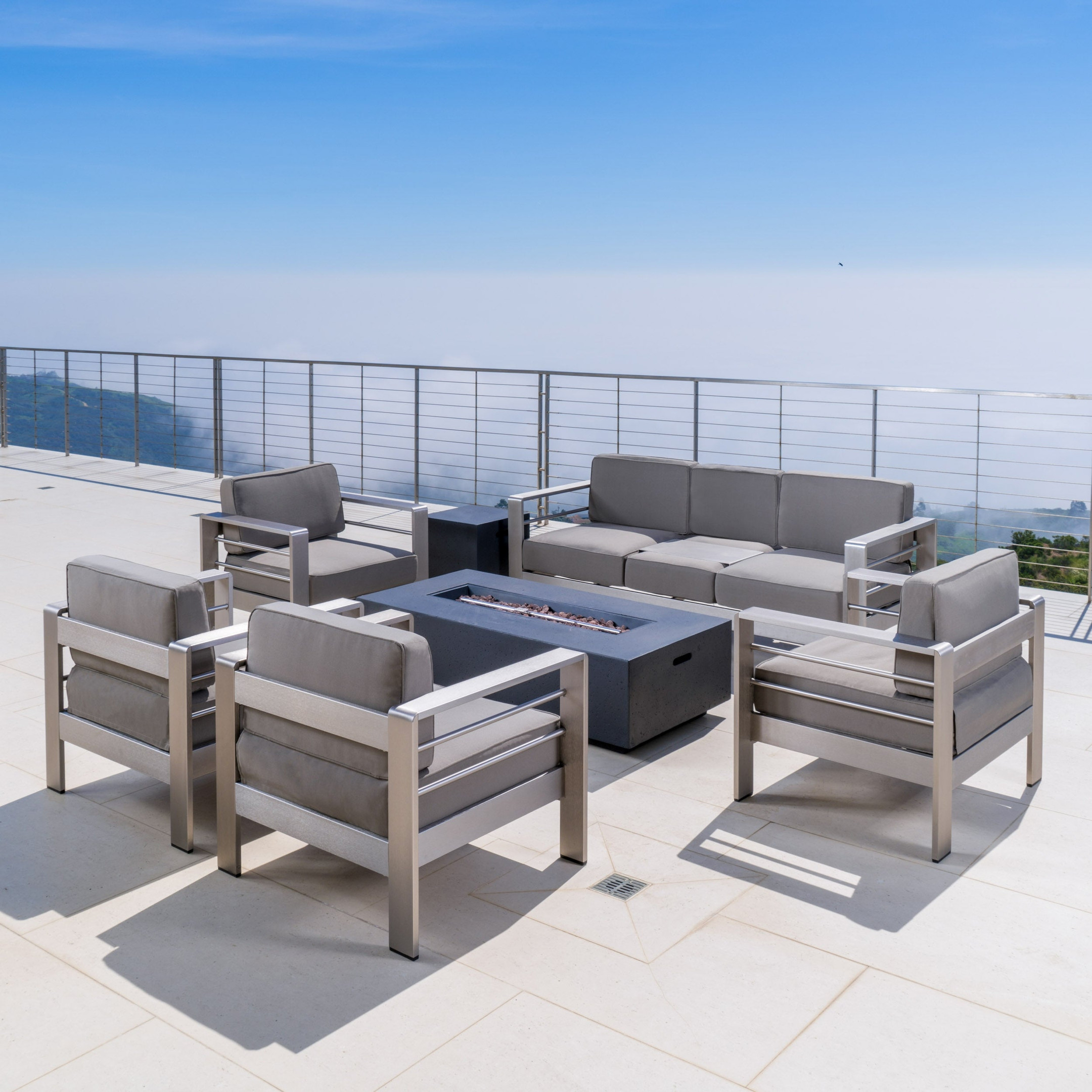 Cape Coral Outdoor 7-seater Chat Set by Christopher Knight Home - Set w/Light Fire Table