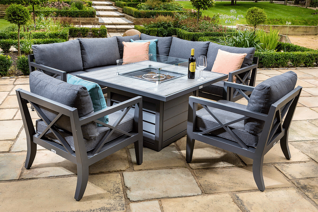 Sorrento Square Casual Dining Table with Gas Fire Pit Table and Lounge Chairs