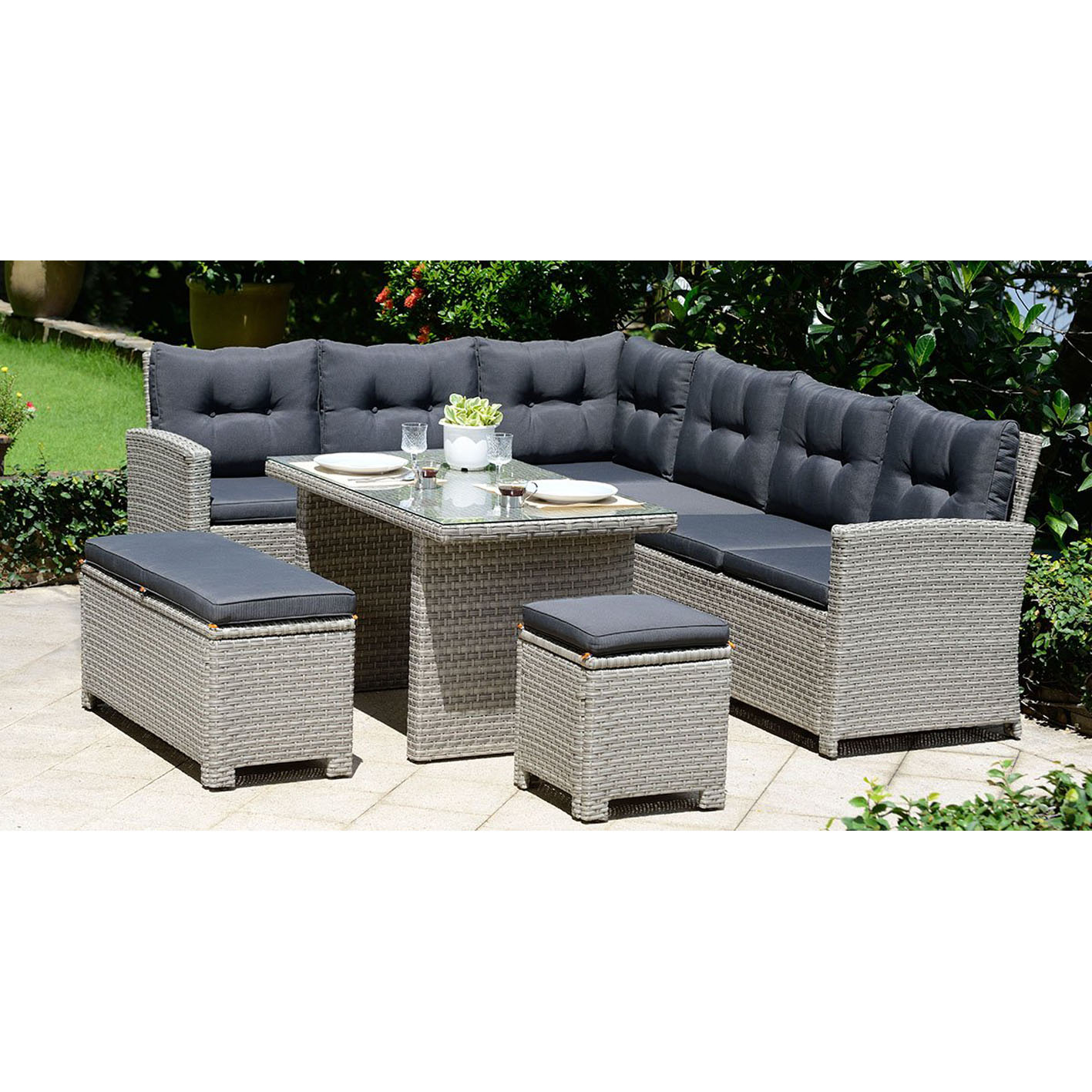 Backyard Furniture Barcelona Luxury 10 Seater Casual Dining Rattan Garden Set with Cushions, Grey, 191 x 177 x 87 cm