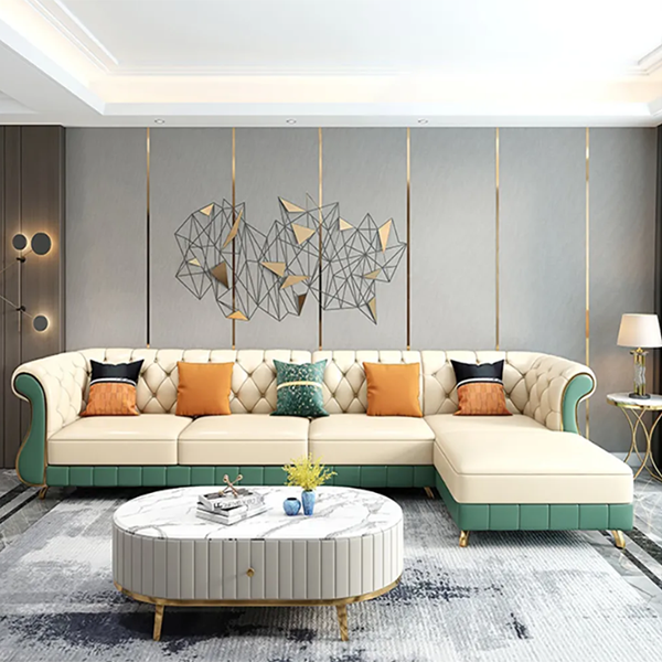 126′′ Beige & Green Faux Leather Sectional Sofa with Left Chaise