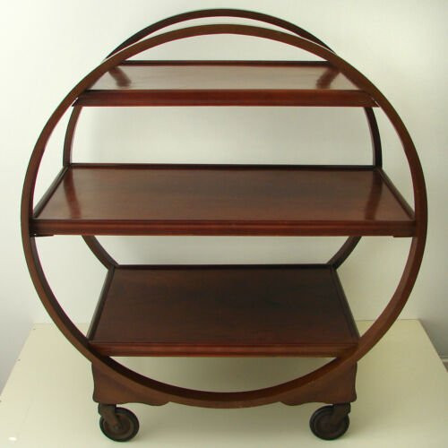 Vintage Art Deco round wooden mahogany tea drinks serving trolley 1930s 1940s
