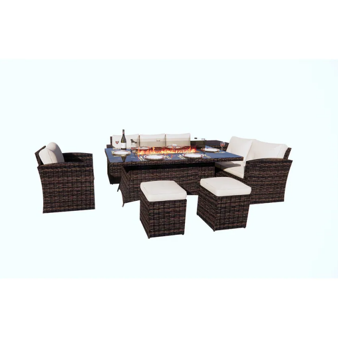 Morden 7-piece Outdoor Wicker Sofa with Fire Pit Table Patio Conversation sofa Set Dining Set