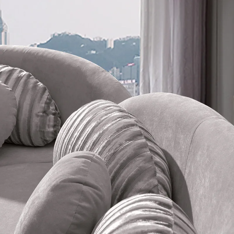 Curved Sectional Sofa Light Gray Velvet Upholstered 7 Seater Floor Sofa with Ottoman