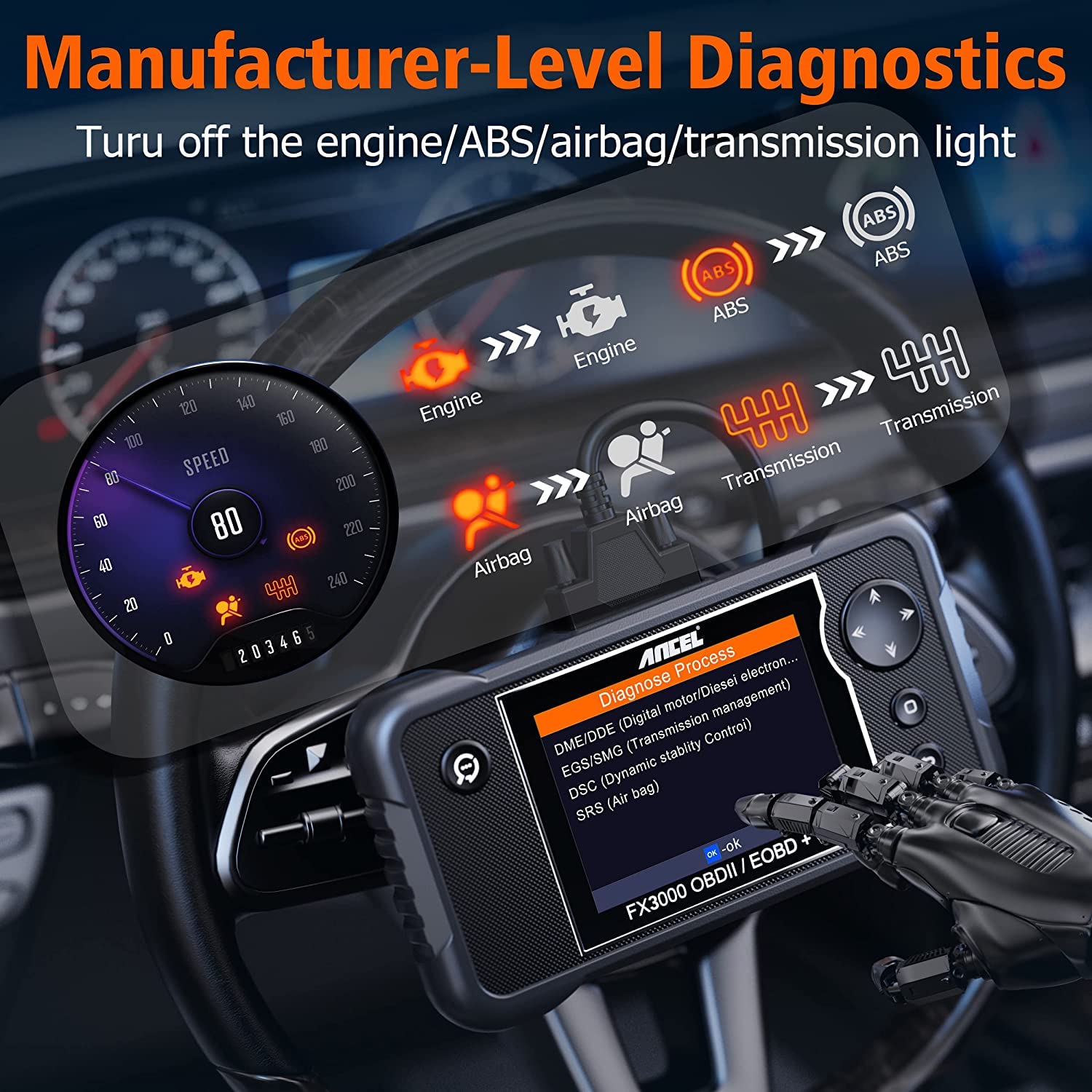 ANCEL FX3000 Automotive Diagnostic Tool Car OBD Scanner - Diagnostics Scan Tool Vehicle Check Engine Transmission Airbag SRS ABS Car EPB Oil Reset Service Light SAS BMS Reset