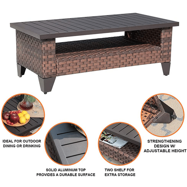 5-piece outdoor patio furniture set, wicker patio dialogue set with waterproof sofa cover, coffee table with aluminum slatted top, brown PE rattan