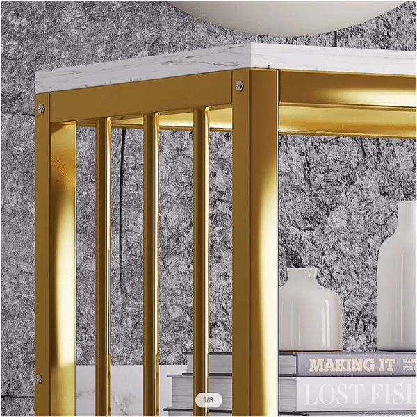 Modern Small Metal Etagere Bookshelf with 2 Drawers in White & Gold