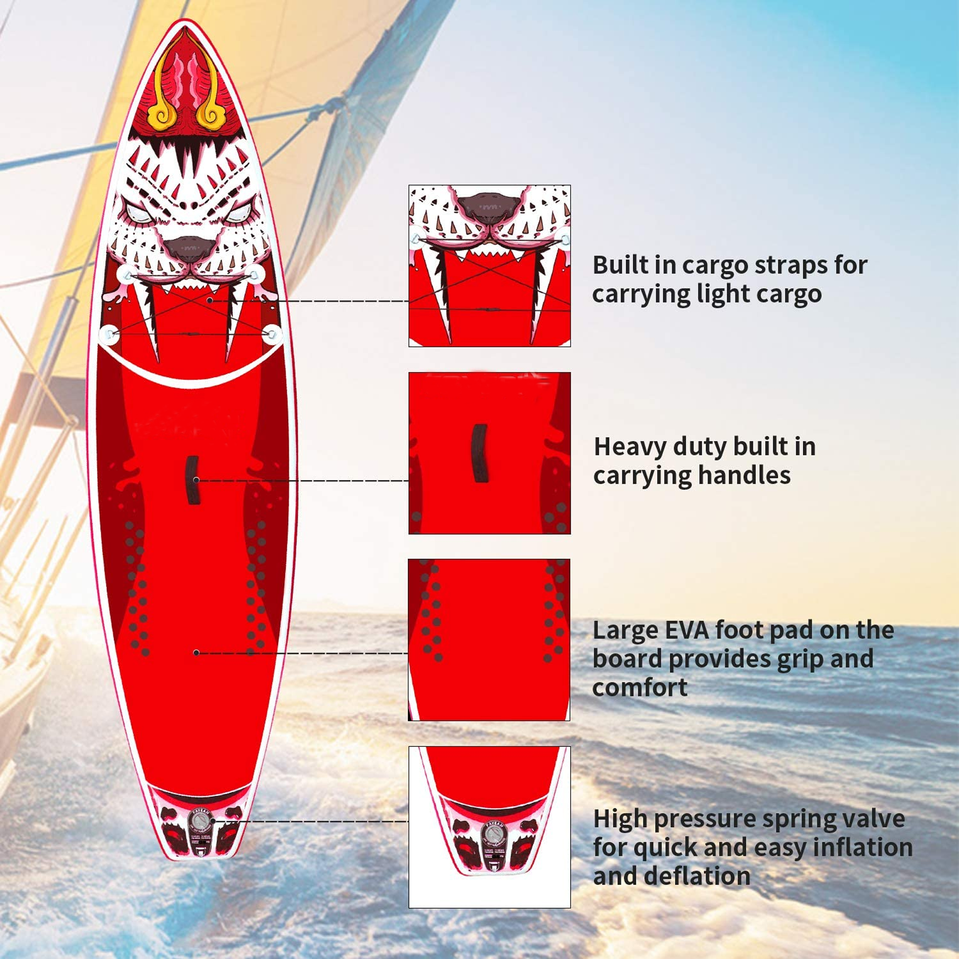 FAYEAN Paddle Board, Inflatable Stand Up Paddle Board SUP Board 10.6' x 33'' x 6'' Lightweight Board Includes Pump, Paddle, Backpack, Coil Strap Waterproof Bag Tiger