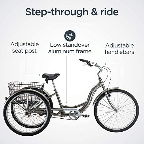Schwinn Meridian Adult Tricycle, 24 or 26-Inch Wheel Options, Low Step-Through Aluminum Frame, Cargo Basket, Multiple Colors