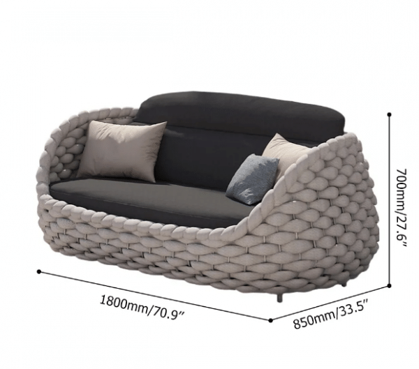 3-Seater Textilene Rope Woven Patio Sofa with Removable Cushion Pillow