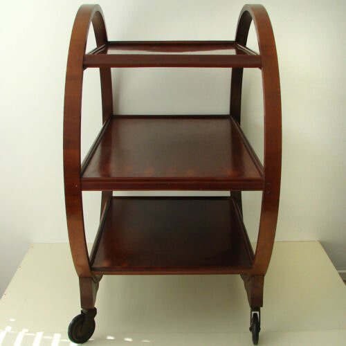 Vintage Art Deco round wooden mahogany tea drinks serving trolley 1930s 1940s