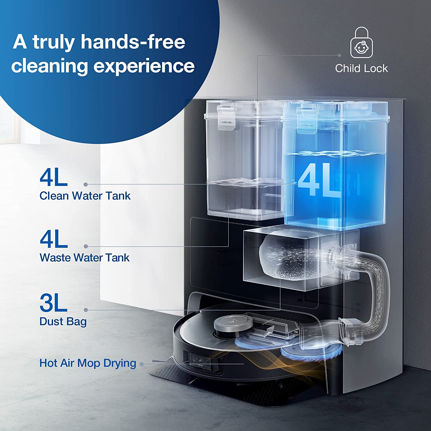 ECOVACS DEEBOT X1 OMNI Robot Vacuum Cleaner, Auto Mop Washing/Hot Air Drying/Water Refilling/Auto-Emptying, 260 min, 3875 sqft, Dual Mops, 3D Maps, Live Monitoring & Video Call, YIKO Voice Interaction