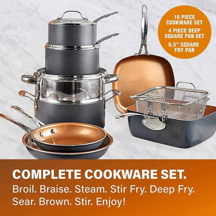 Gotham Steel 20 Piece Pots & Pans Set Complete Kitchen Cookware + Bakeware Set | Nonstick Ceramic Copper Coating – Frying Pans, Skillets, Stock Pots, Deep Square Fry Basket Cookie Sheet & Baking Pans