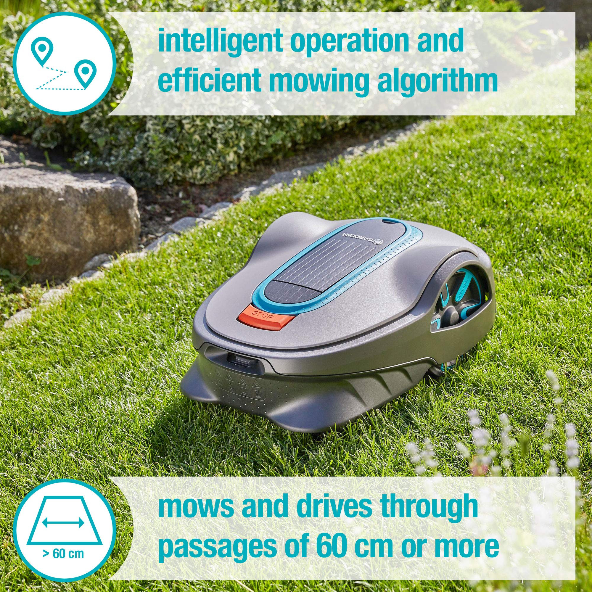 Gardena SILENO life: Robotic lawnmower for lawns up to 1250m², Bluetooth app available, Easy Passage function, with 57 db (A) very quiet, inclines up to 35%, mows in any weather, UK-version (15103-28)