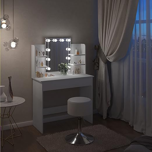 WOLTU Dressing Table with LED Lights, Vanity Table with Adjustable Brightness Mirror, Makeup Desk with 2 Drawers and Open shelves, Wooden Modern Bedroom Dresser, 90x40x135cm, White, MB6096ws