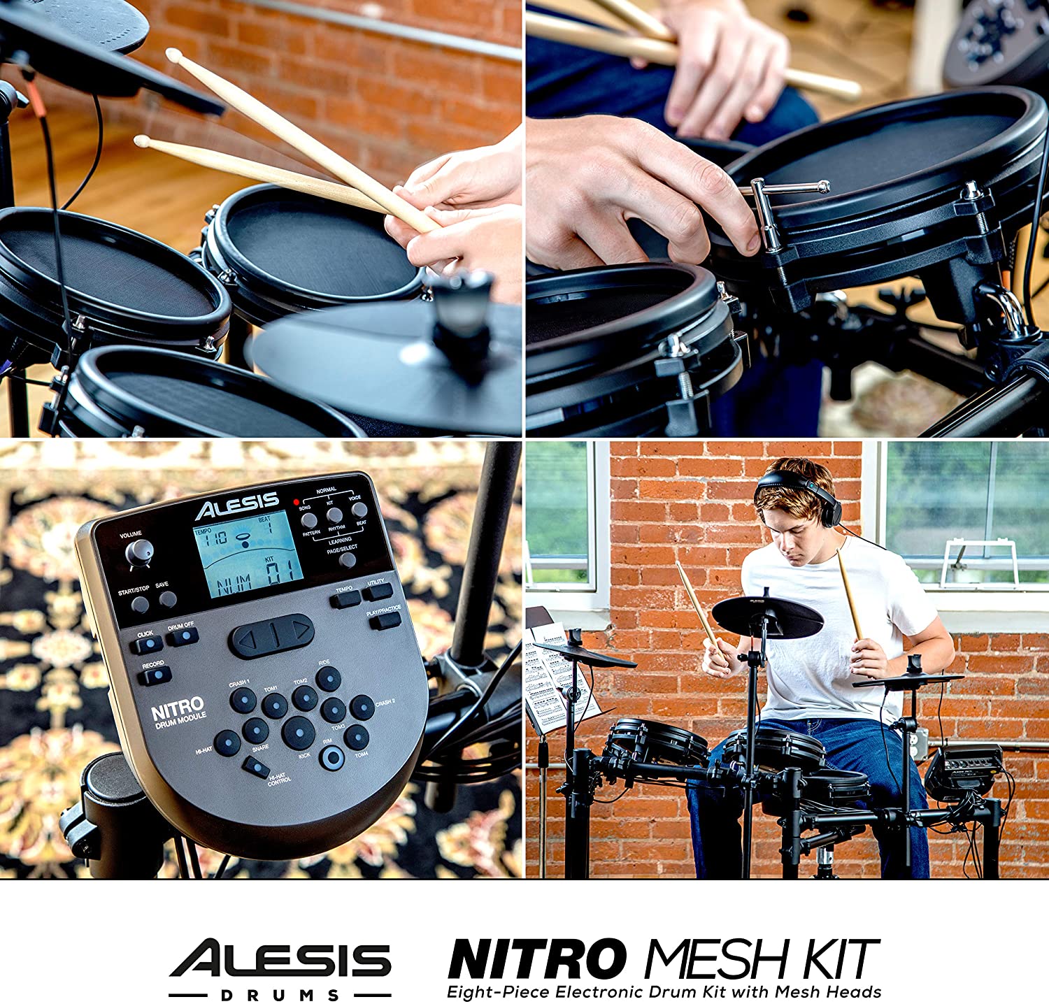 Alesis Drums Nitro Mesh Kit – Eight Piece All Mesh Electronic Drum Kit With Super Solid Aluminum Rack, 385 Sounds, 60 Play Along Tracks, Connection Cables, Drum Sticks & Drum Key Included