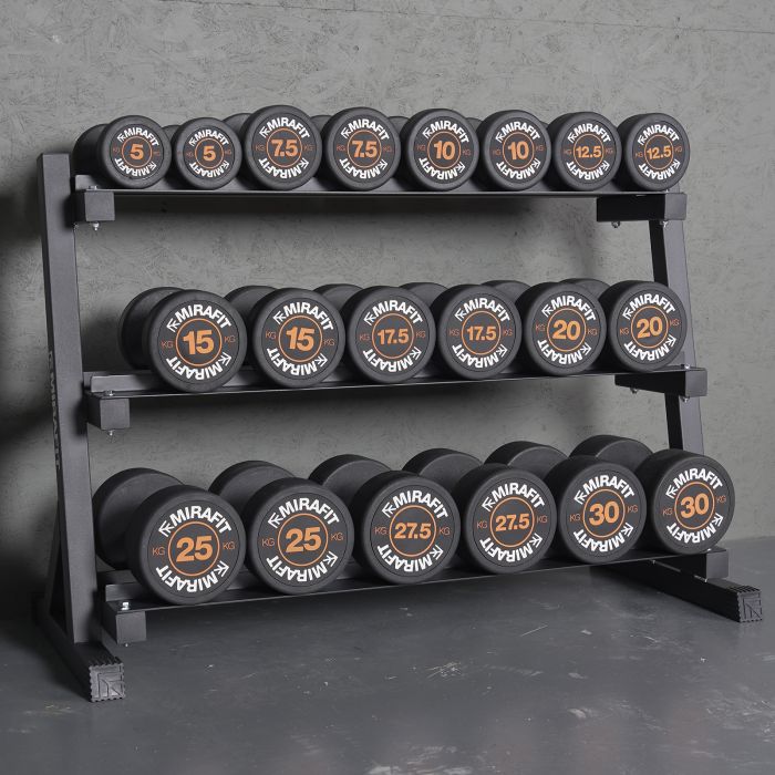 MIRAFIT RUBBER DUMBBELL SET & 3 TIER WEIGHT RACK