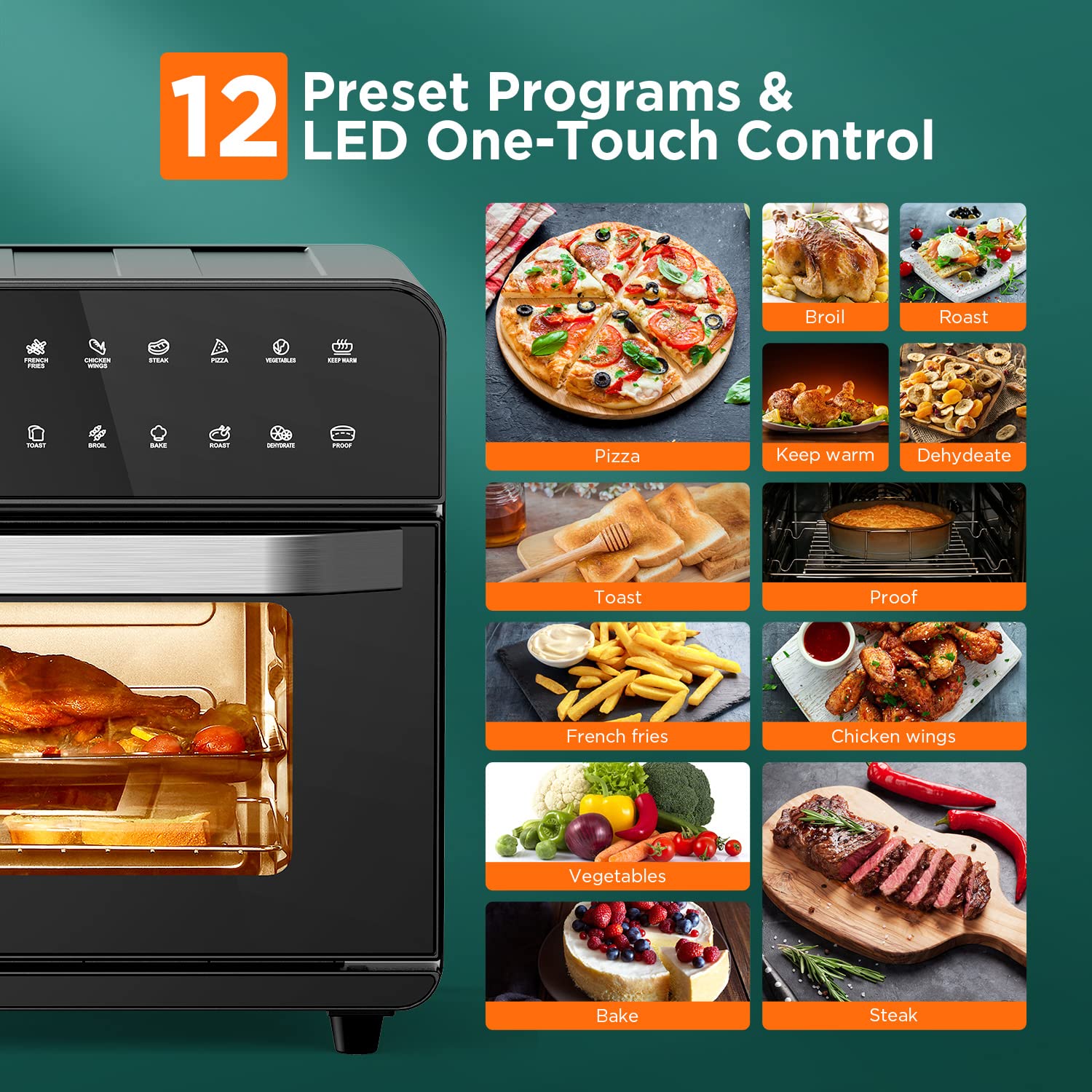 25L Convection Oven, Digital Countertop Convection Mini Oven,12 in 1 Multi-function Air Fryer Toaster Oven Combo, Electric Oven, Stainless Steel Pizza Oven, Roast, Bake & Dehydration, 1800W, Black