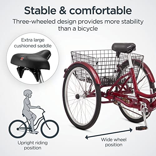 Schwinn Meridian Adult Tricycle, 24 or 26-Inch Wheel Options, Low Step-Through Aluminum Frame, Cargo Basket, Multiple Colors