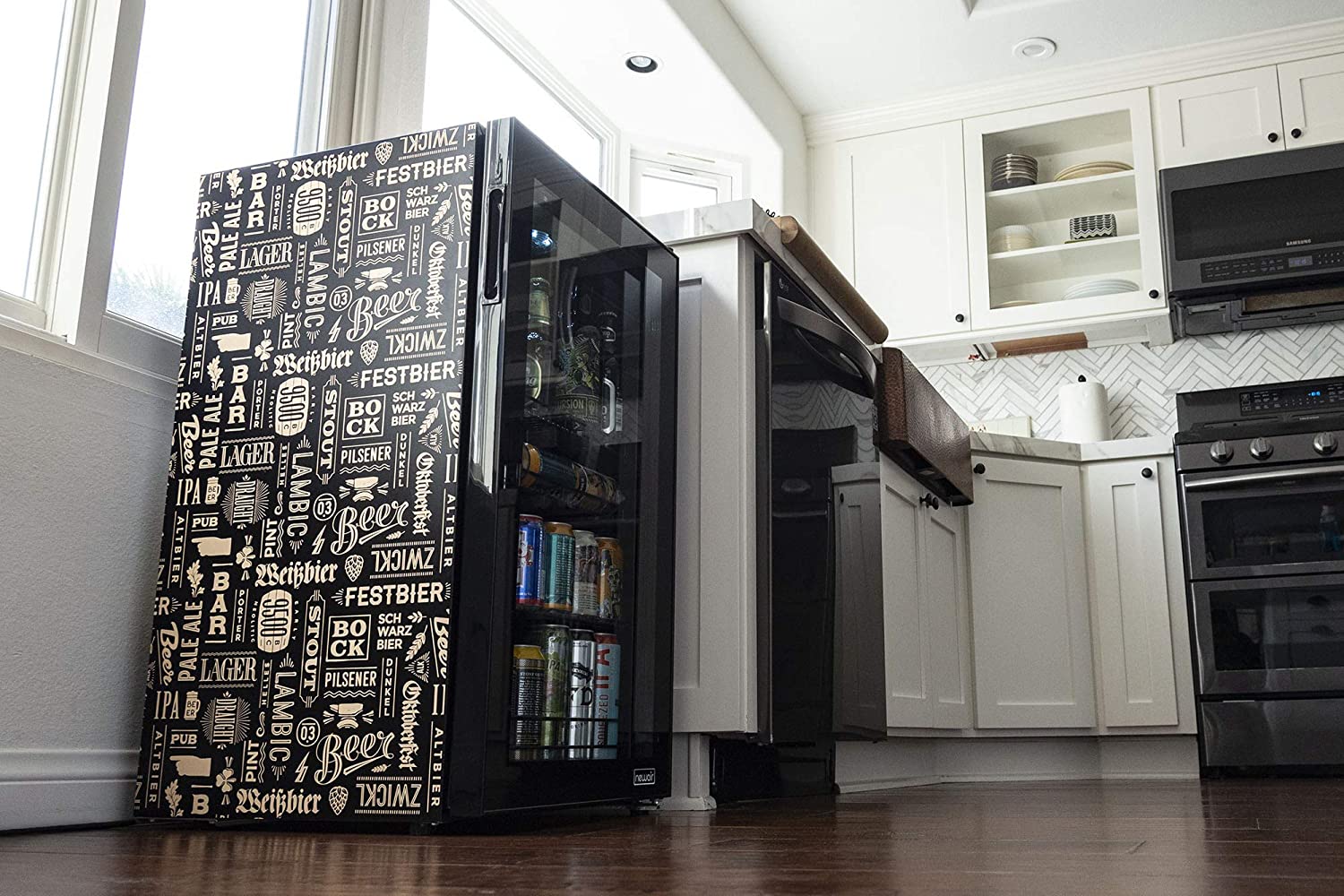 NewAir Limited Edition Beverage Refrigerator and Cooler “Beers of the World” with Glass Door, 126 Can Capacity Freestanding Mini Beer Fridge with SplitShelf™ and 7 Temperature Settings AB-1200BC1