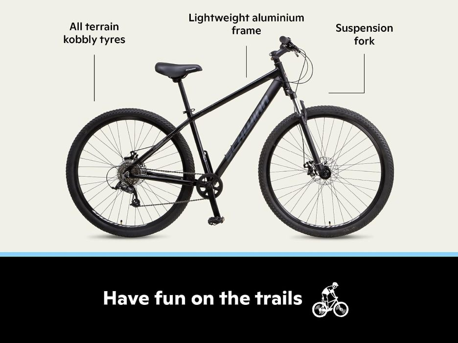 Schwinn Fleet Adult Mountain Bike, 29-Inch Tyres, 17-Inch Lightweight Alloy Frame, Front Suspension, 9 Speed, Disc Brakes, Matte Black