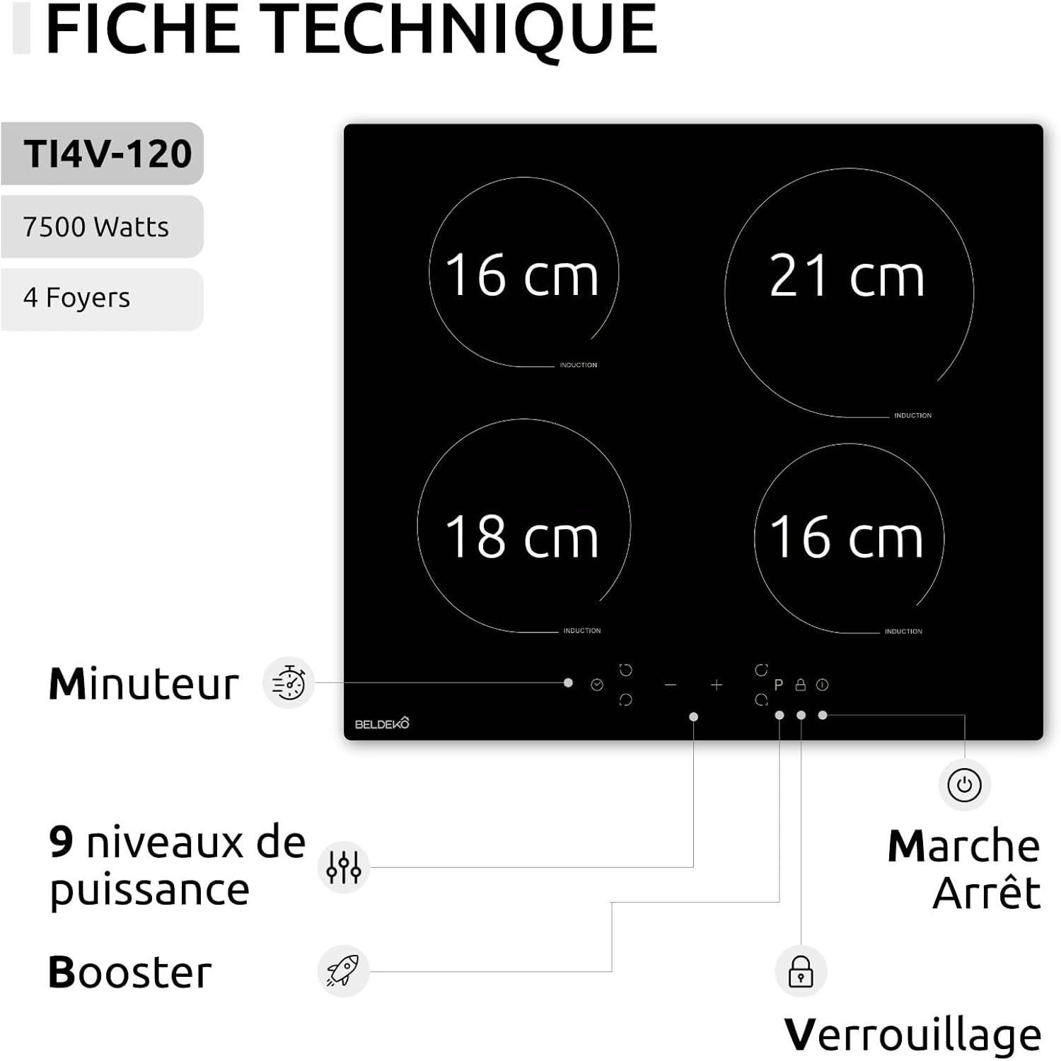 BELDEKO - 4-zone induction hob with timer, 7900 W, 4 booster, child lock