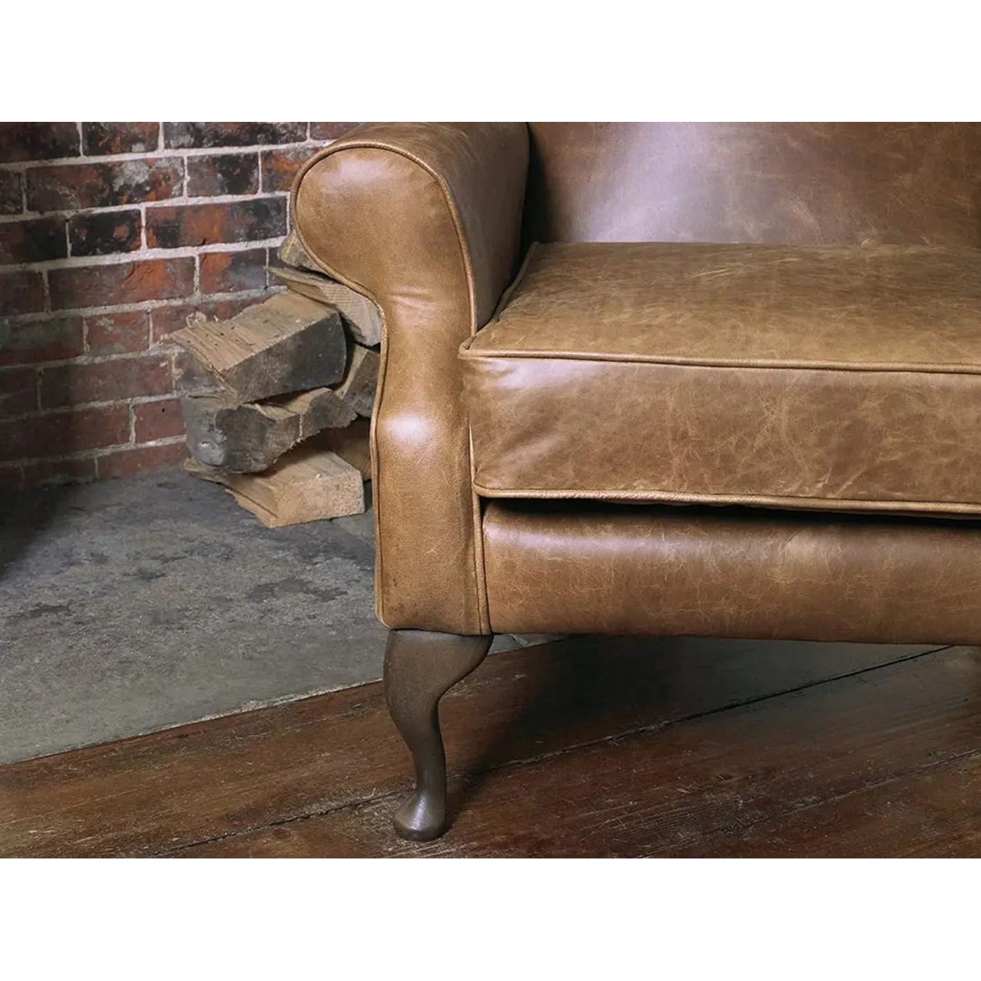 Pair of Chesterfield armchairs Queen Anne high back in vintage tan leather