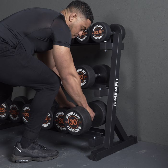 MIRAFIT RUBBER DUMBBELL SET & 3 TIER WEIGHT RACK
