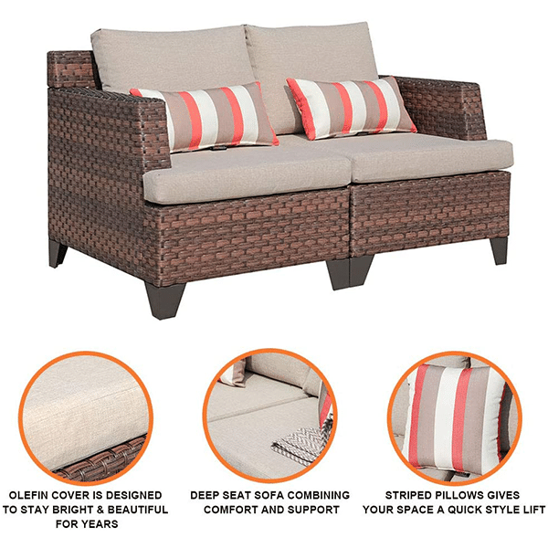 5-piece outdoor patio furniture set, wicker patio dialogue set with waterproof sofa cover, coffee table with aluminum slatted top, brown PE rattan