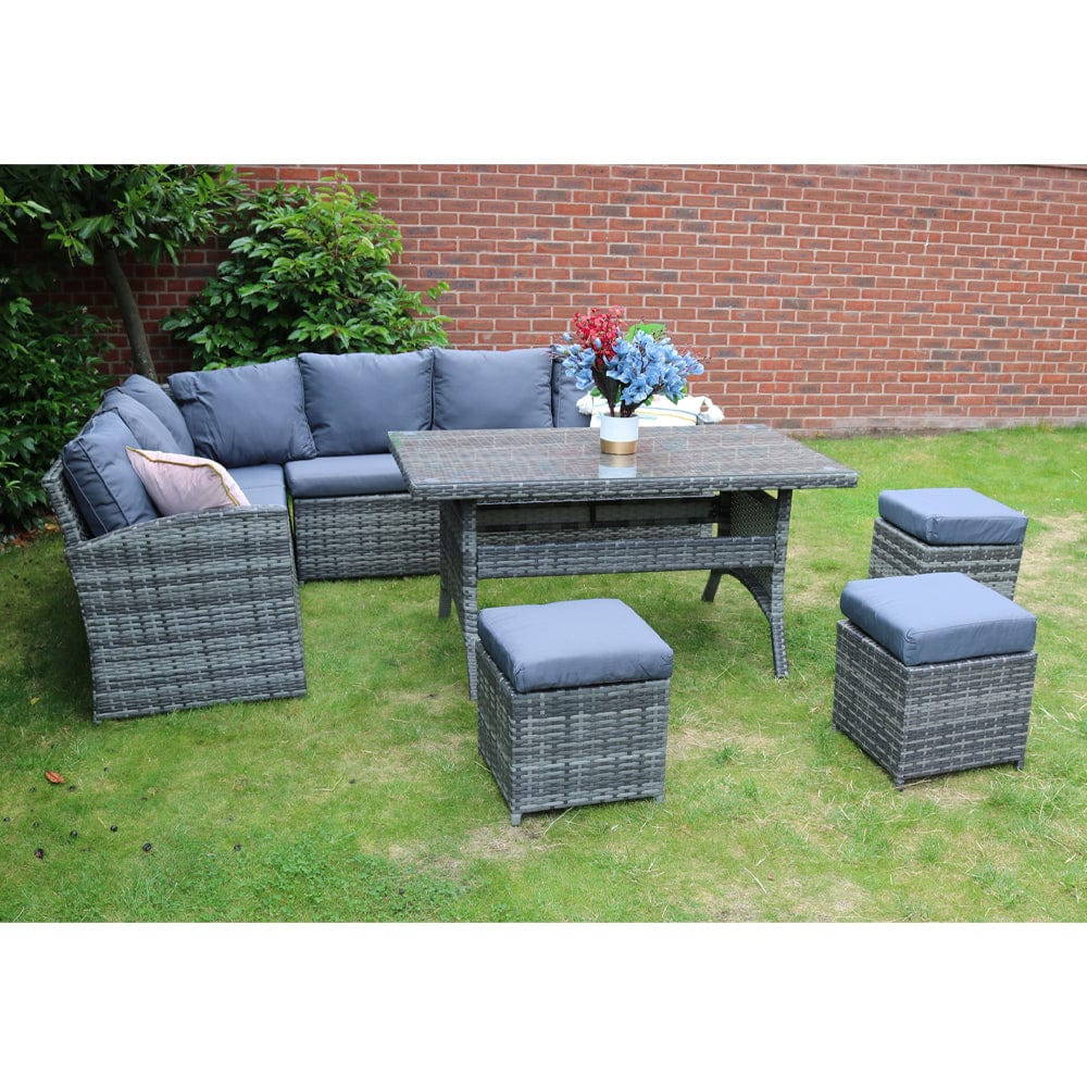 ROSEN 9 Seat Rattan Outdoor Dining Table with Cushions - Grey