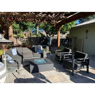 Cape Coral Outdoor Aluminum V-Shape Sectional Sofa Set with Fire Table by Christopher Knight Home - Grey + Light Grey
