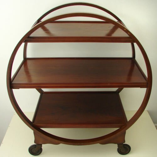 Vintage Art Deco round wooden mahogany tea drinks serving trolley 1930s 1940s
