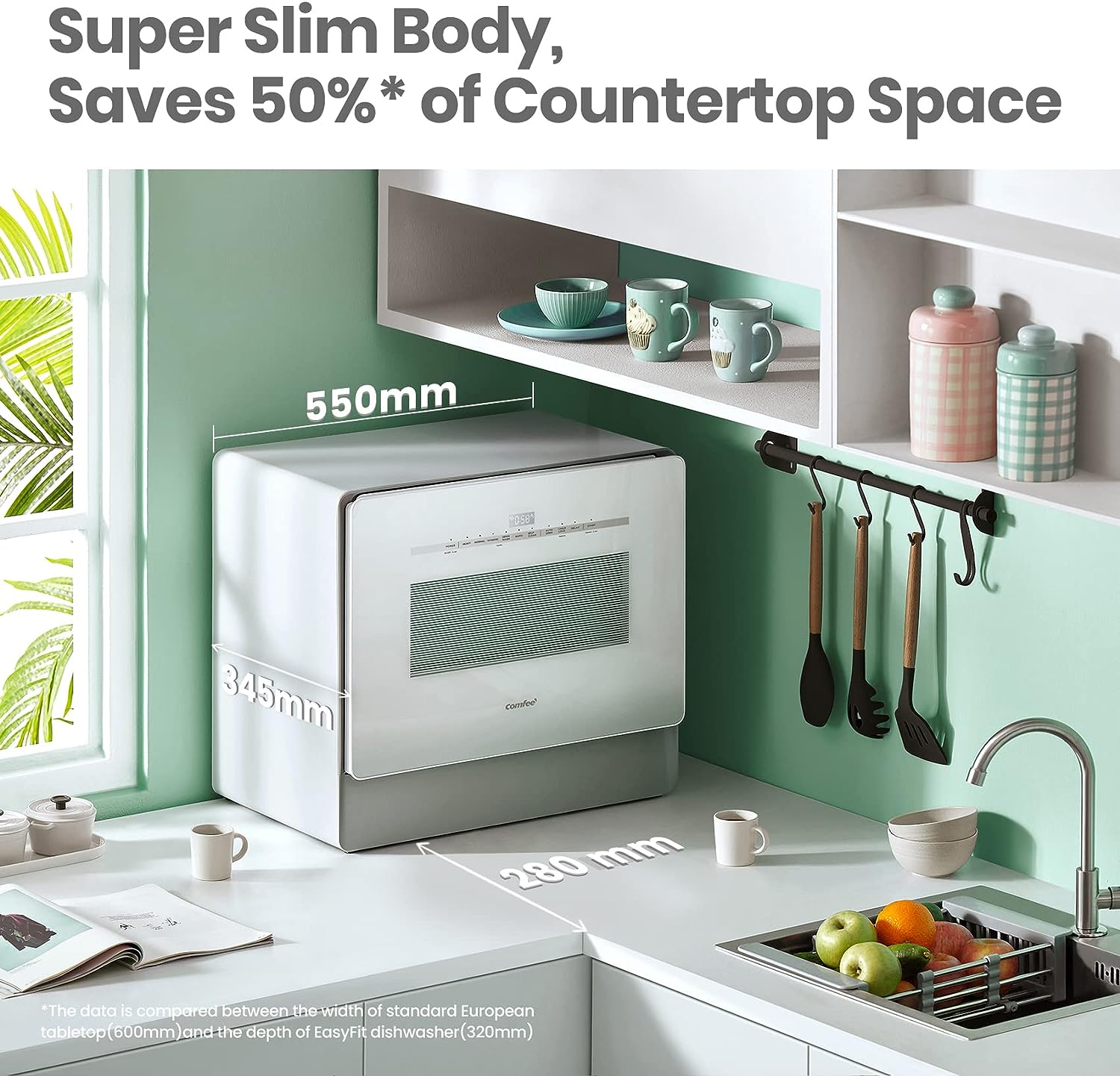 COMFEE' Mini Plus Dishwasher TD305-W Compact Table Top Dishwasher with 3 Place Settings, 7 Programmes, Touch Control, LED Display, Delay Start and Off-peak Wash Function - White [Energy Class F]